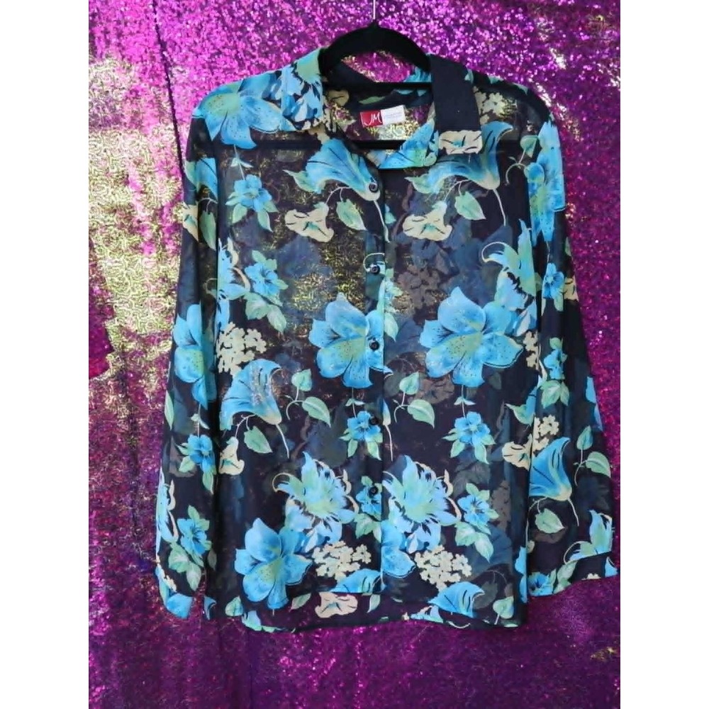 Blue Floral Button Down XL JM Collection Women Sheer Tropical Long Sleeve Blouse